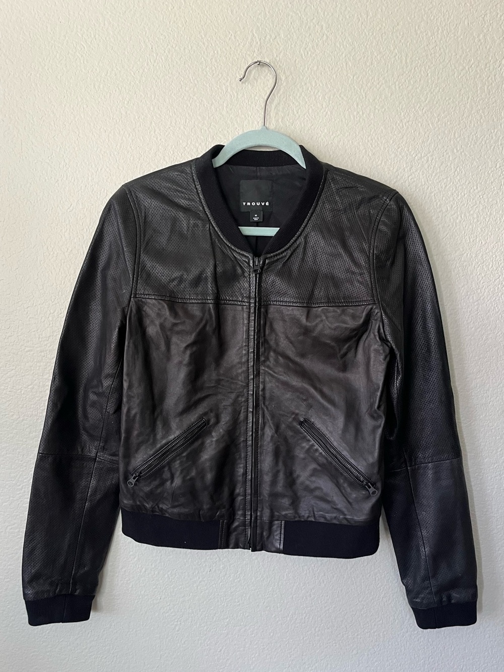 Trouvé Black Perforated Leather Bomber Jacket Women’s Size M